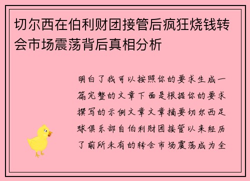 切尔西在伯利财团接管后疯狂烧钱转会市场震荡背后真相分析